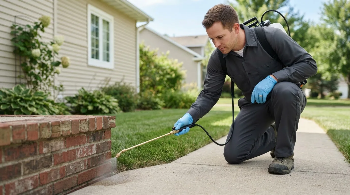 Pest control technician treating a home near Moreland, GA